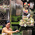 indonésie: Vyznavači hinduismu několikrát denně přináší drobné obětiny v podobě květin, rýže a vonných tyčinek k místům pro obětiny vyhrazené, které se nacházi v každém domě, dále do soukromých svatyní (každá domácnost má svou svatyni) před domy a samozřejmě do chrámů.